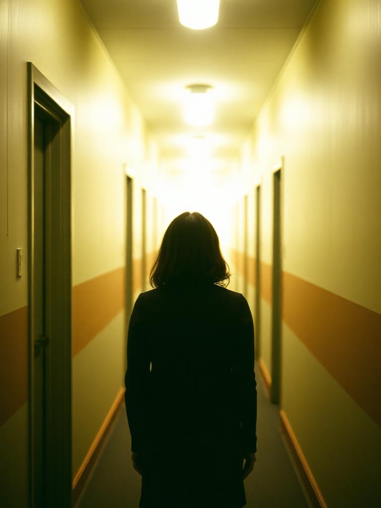 Mulher em um corredor olhando adiante