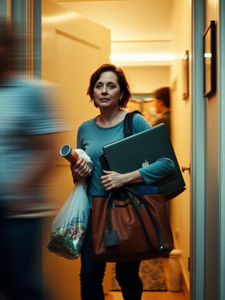 Mulher carregando sacolas e bolsa na porta de casa