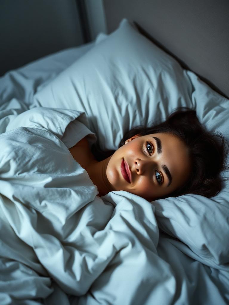 Mulher acordada na cama ao amanhecer